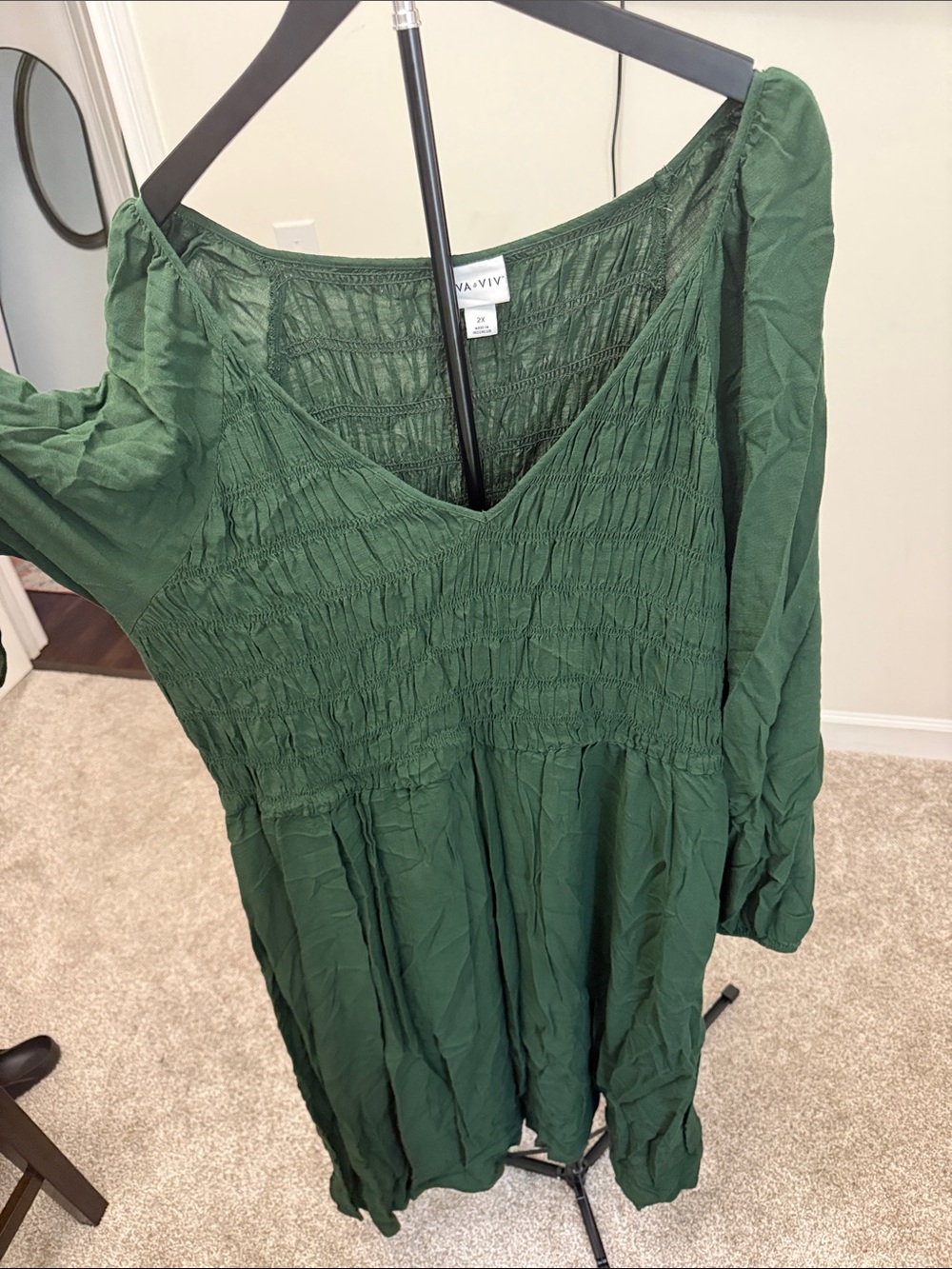 Ava & Viv Olive Green Smocked V-Neck Midi Dress
